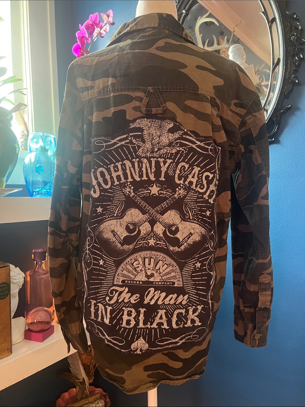 Johnny Cash Camo Military-Style Jacket with Graphic Back — Brown/Green
